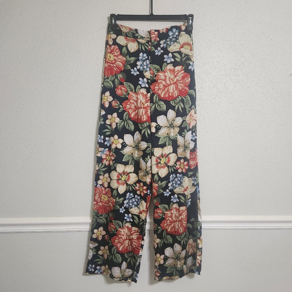 ZARA High Waist Wide Leg Navy Floral Trousers Women's Medium